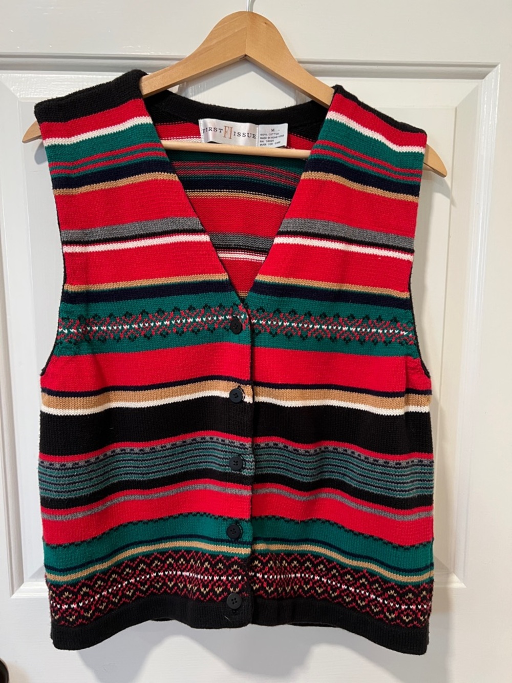 Vintage Women’s Red & Green Striped Cotton Knit Vest Electric Grandpa